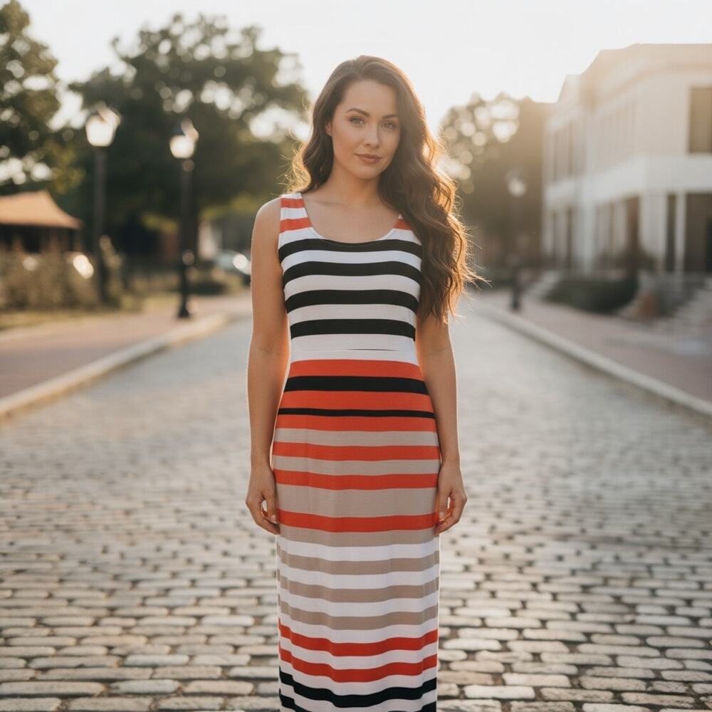 Jessica Howard Striped Sleeveless Lined Maxi Dress Scoop Neck Medium